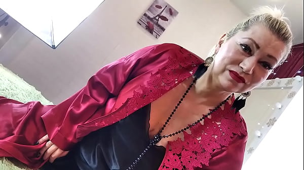 Mature Slut Wife in a red satin negligee, with a ponytail on her head and a dick in her mouth …))